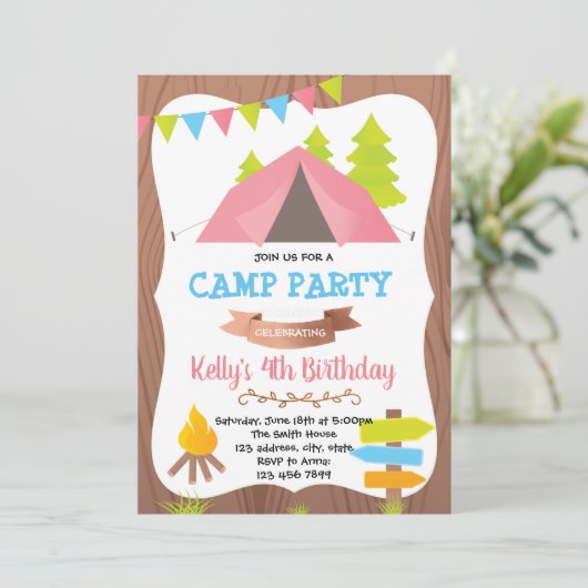 かわいいキャンプの誕生日パーティーの招待 招待状 (スタンド正面)