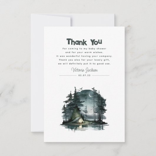 かわいいキャンプをテーマにした赤ちゃんシャワー サンキューカード (正面)