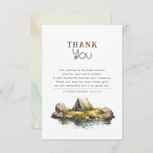 かわいいキャンプをテーマにした赤ちゃんシャワー サンキューカード (正面/裏面)