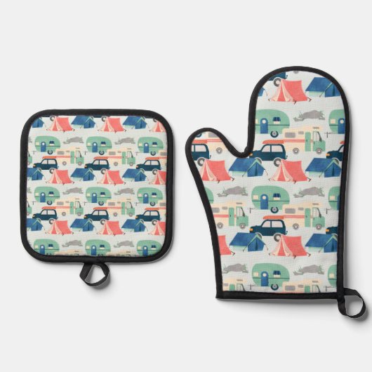 かわいいキャンプ好きのタイル模様 鍋つかみ&鍋敷きセット (正面)