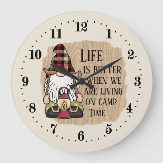 かわいいキャンプ時間付加文字格言  ラージ壁時計 (正面)