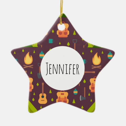かわいいキャンプ柄のアウトドアデザイン セラミックオーナメント (正面)