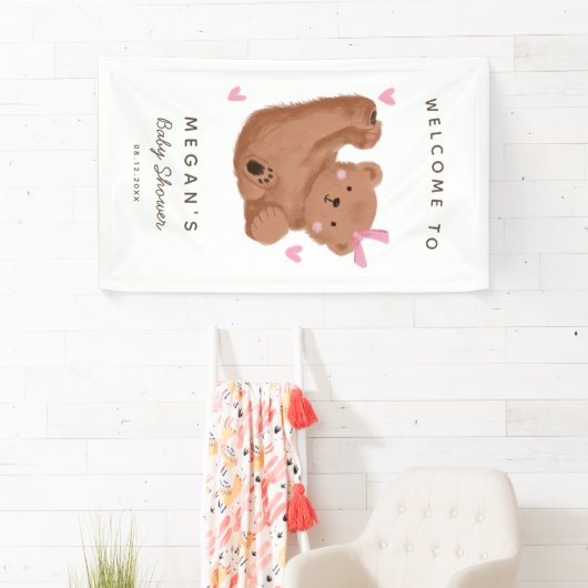 かわいいキュービーベアーピンク赤ちゃんシャワーへようこそ 横断幕 (インサイチュ)