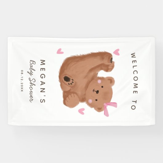 かわいいキュービーベアーピンク赤ちゃんシャワーへようこそ 横断幕 (横)