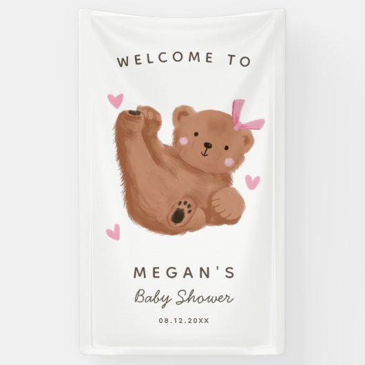 かわいいキュービーベアーピンク赤ちゃんシャワーへようこそ 横断幕 (縦)