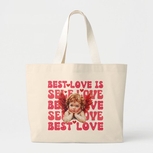 かわいいキューピッドバレンタインデーセルフラブ ラージトートバッグ (正面)