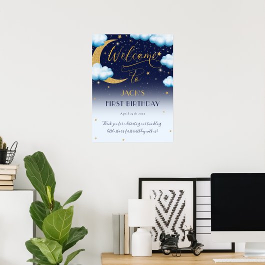 かわいいキラキラ小さなスターブルーボーイの男の子1歳の誕生日 ポスター (ホームオフィス)