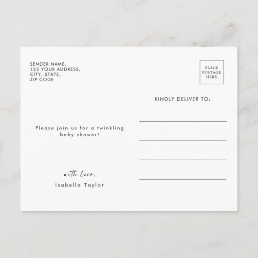 かわいいキラキラ小さな星ピンクの女の子の赤ちゃんシャワー インビテーションポストカード (裏面)