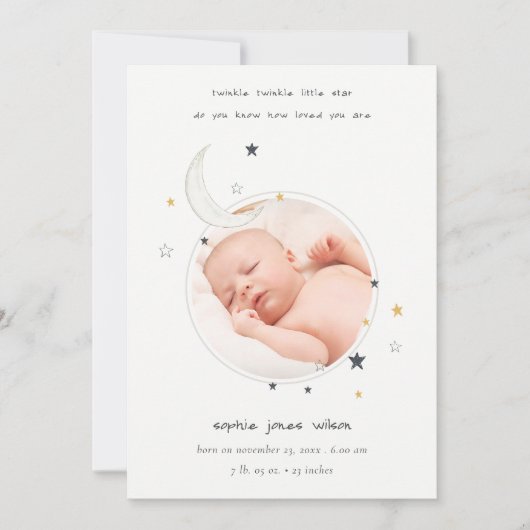 かわいいキラキラ星月写真誕生のお知らせ サンキューカード (正面)