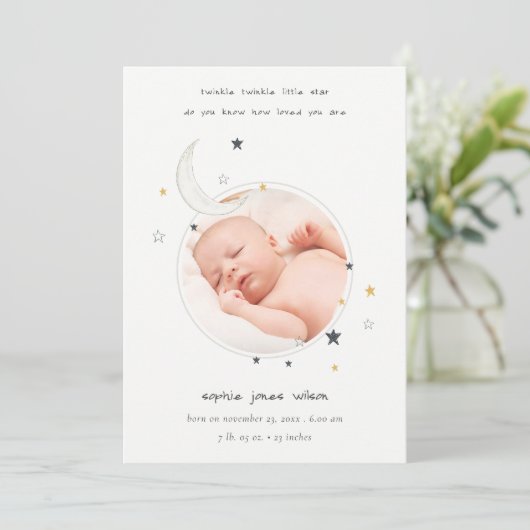 かわいいキラキラ星月写真誕生のお知らせ サンキューカード (スタンド正面)