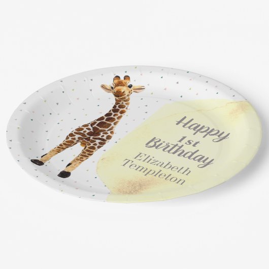 かわいいキラフェサファリワイルドイエロー1歳の誕生日パーティー ペーパープレート (アングル)