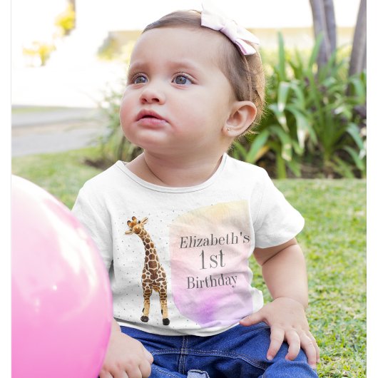 かわいいキラフェサファリワイルドピンク1歳の誕生日パーティー ベビーTシャツ