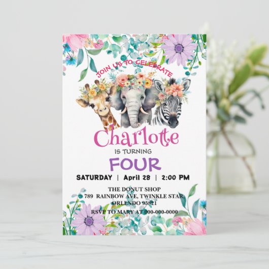 かわいいキラフゼブラジャングル動物の誕生日フローラ 招待状 (スタンド正面)