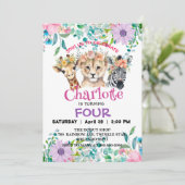 かわいいキラフゼブラジャングル動物の誕生日フローラ 招待状 (スタンド正面)