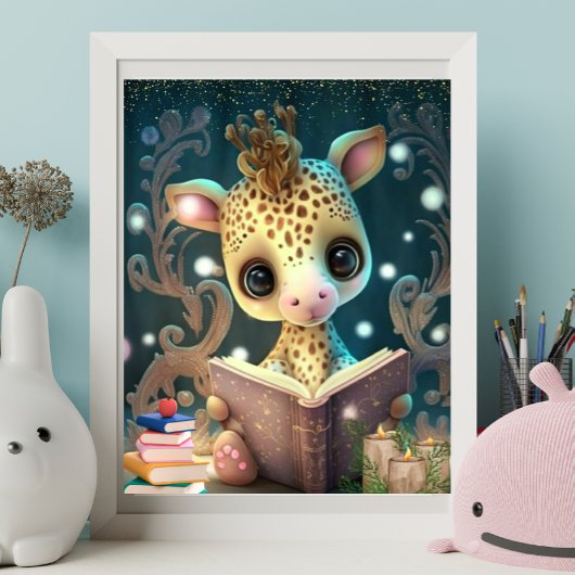 かわいいキリンが本を読むアート保育園 ポスター