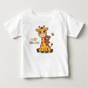 かわいいキリンとクマのベストフレンドイラスト ベビーTシャツ