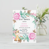 かわいいキリンとピンク牡丹ガールベイビーシャワー 招待状 (スタンド正面)