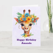 かわいいキリンとフローラクラウン誕生日 カード (正面)