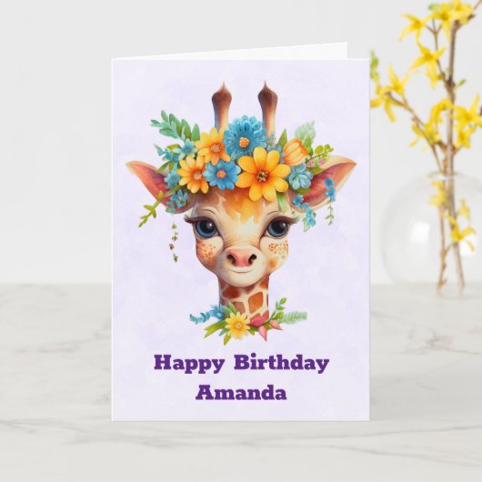 かわいいキリンとフローラクラウン誕生日 カード (黄色い花)