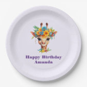 かわいいキリンとフローラクラウン誕生日 ペーパープレート (正面)