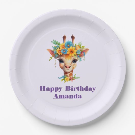 かわいいキリンとフローラクラウン誕生日 ペーパープレート (正面)