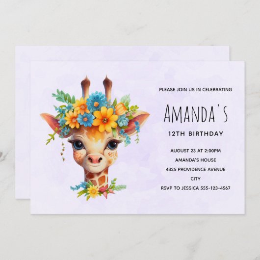 かわいいキリンとフローラクラウン誕生日 招待状 (正面/裏面)