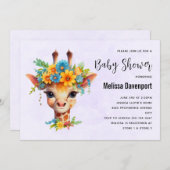 かわいいキリンとフローラクラウン赤ちゃんシャワー 招待状 (正面/裏面)