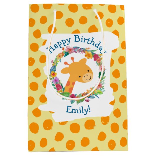 かわいいキリンとフローラリースカスタム誕生日 ミディアムペーパーバッグ (正面)