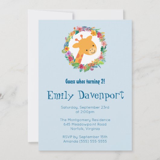 かわいいキリンとフローラリース誕生会 招待状