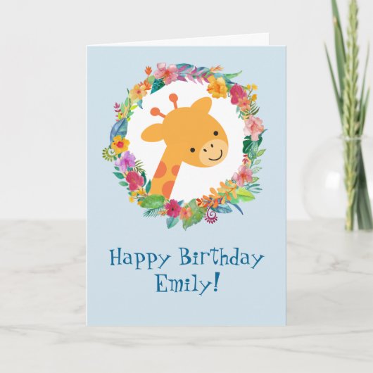 かわいいキリンとフローラリース誕生日 カード (正面)