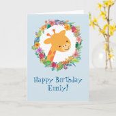 かわいいキリンとフローラリース誕生日 カード (黄色い花)