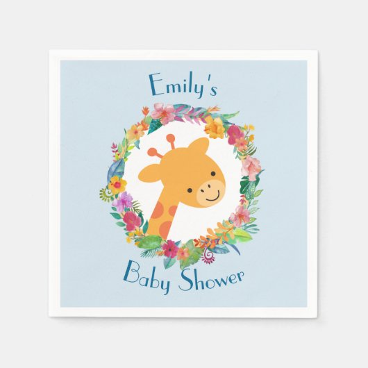 かわいいキリンとフローラリース赤ちゃんシャワー スタンダードカクテルナプキン (正面)
