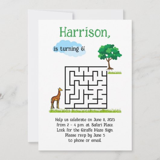かわいいキリンと木の迷路パズル誕生日招待状 招待状 (正面)