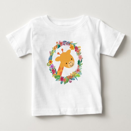 かわいいキリンと水彩フローラリース ベビーTシャツ (正面)