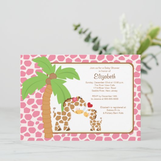 かわいいキリンのお母さん及び女の赤ちゃんのベビーシャワー 招待状 (スタンド正面)
