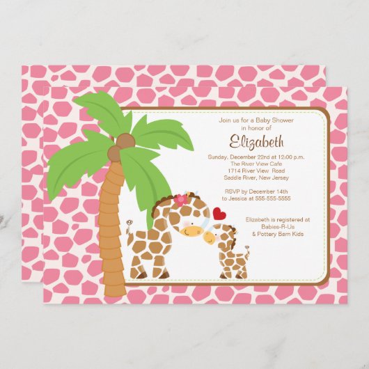 かわいいキリンのお母さん及び女の赤ちゃんのベビーシャワー 招待状 (正面/裏面)