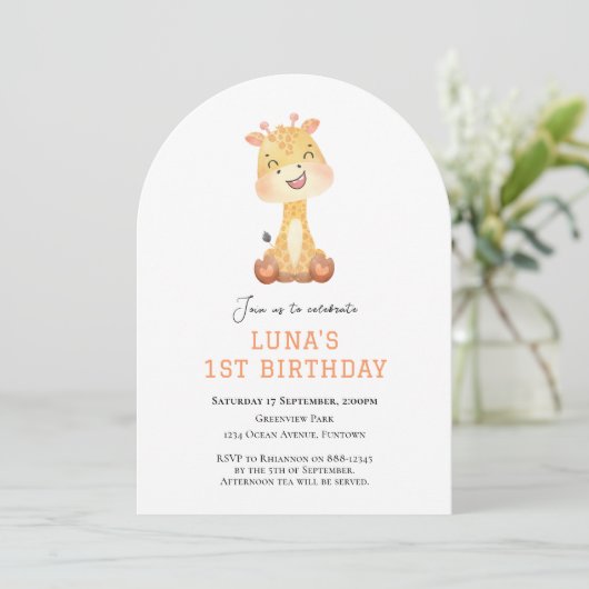 かわいいキリンのアーチ 1歳の誕生日招待状 招待状 (スタンド正面)
