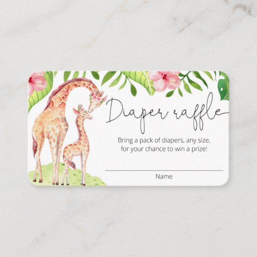 かわいいキリンのサファリの女の子おむつラッフルカード エンクロージャーカード (正面)