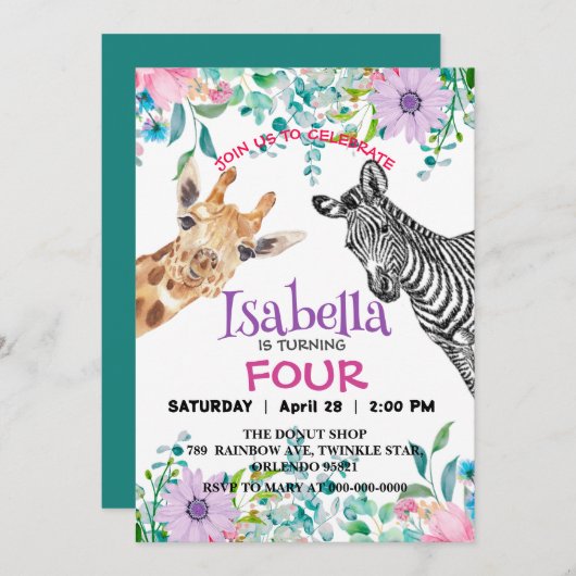 かわいいキリンのゼブラジャングル動物の誕生日花 招待状 (正面/裏面)