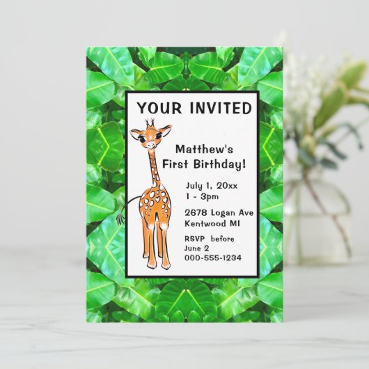 かわいいキリンのトロピカル葉なサファリの友達 招待状 (スタンド正面)