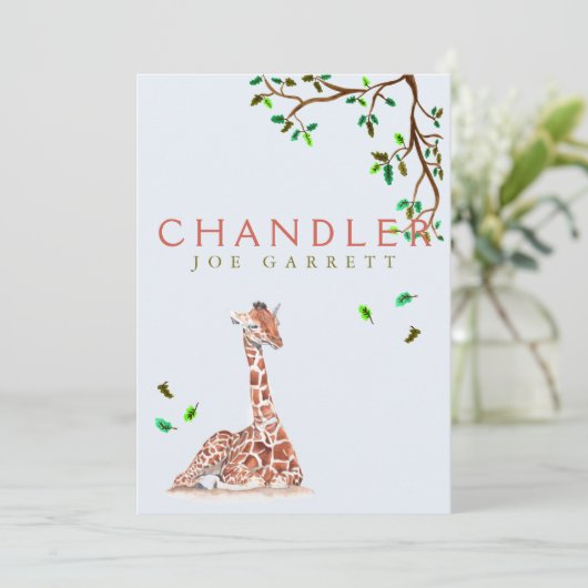かわいいキリンの木パステル写真男の赤ちゃん 案内状 (スタンド正面)
