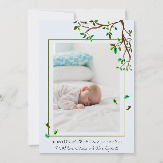 かわいいキリンの木パステル写真男の赤ちゃん 案内状 (裏面)