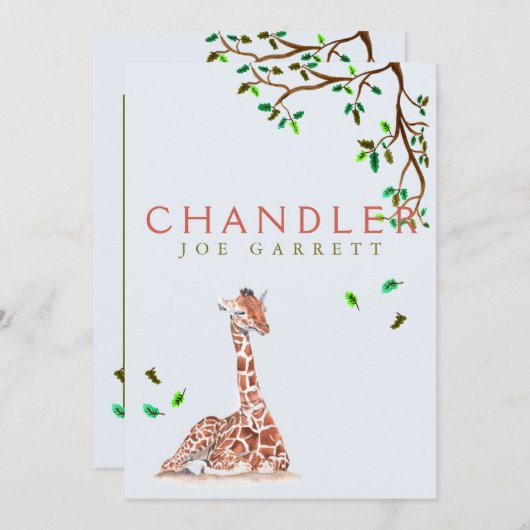 かわいいキリンの木パステル写真男の赤ちゃん 案内状 (正面/裏面)