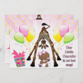 かわいいキリンの民族の女の赤ちゃんのカップケーキのベビーシャワー 招待状 (正面/裏面)