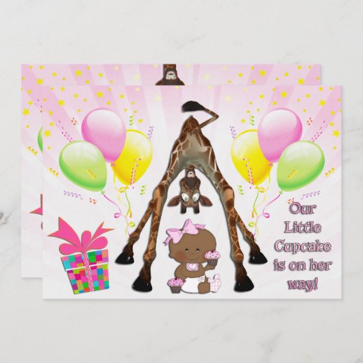 かわいいキリンの民族の女の赤ちゃんのカップケーキのベビーシャワー 招待状 (正面/裏面)