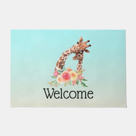かわいいキリンの水の色ママ&ベビーへようこそ ドアマット (正面)