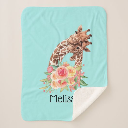 かわいいキリンの水の色ママ&ベビー シェルパブランケット (正面)