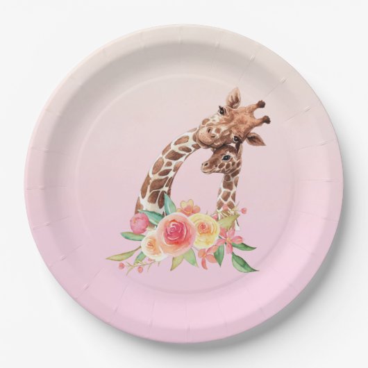 かわいいキリンの水の色ママ&ベビー ペーパープレート (正面)