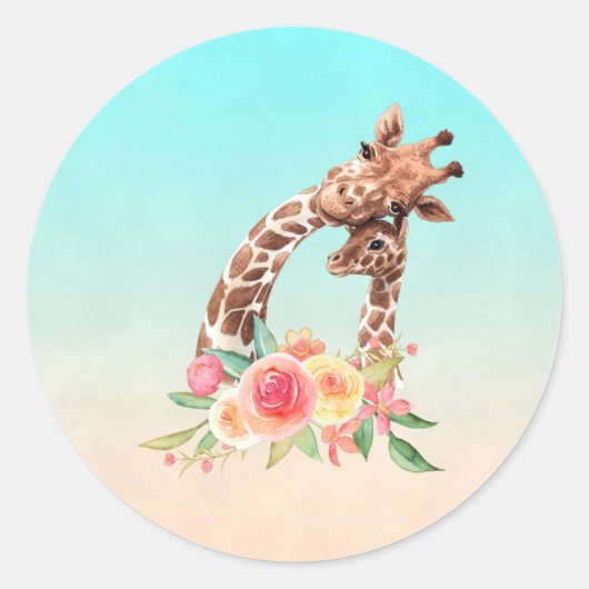 かわいいキリンの水の色ママ&ベビー ラウンドシール (正面)