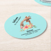 かわいいキリンの水の色ママ&新生児 ラウンドペーパーコースター (アングル)